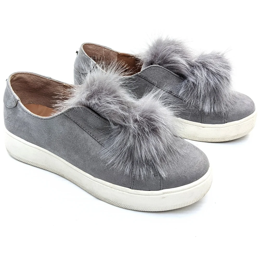 STEVE MADDEN Furbie Womens Gray Suede Puff Ball Slip-on Chunky Platform Sneakers
